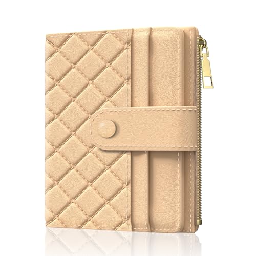 Womens Wallet, RFID Small Slim Wallets for Women, Compact Credit Card Holder, Cute Leather Bifold Ladies Purse with Zipper Coin Pocket and ID Window, Apricot
