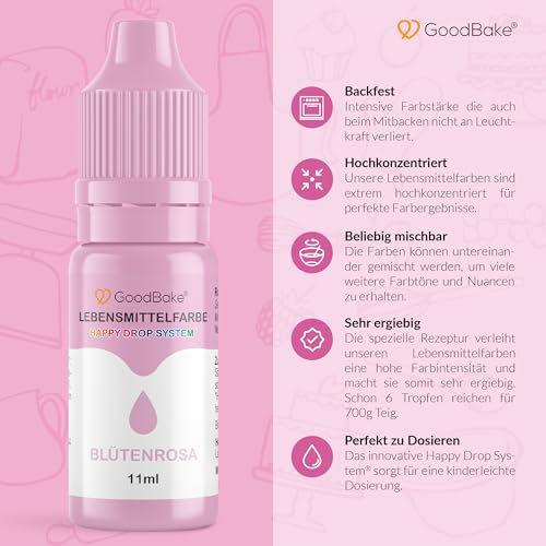 GoodBake Lebensmittelfarbe Pastell Blütenrosa (11 ml) – hochdosierte Lebensmittelfarbe - zum Einfärben von Torten, Fondant, Buttercreme, Macarons Getränke, Schleim uvm. 100% vegan