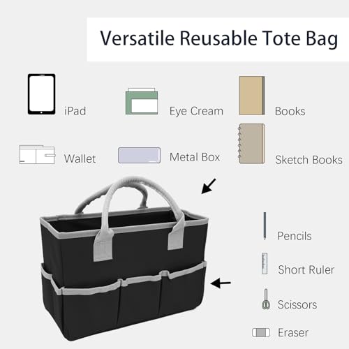 Image of Cupohus Art Organizer Craft Storage Tote Bag with Pockets and Hadles, Oxford Fabric Carrying Caddy for Teacher, Officer, Artist, Students, Traveler, and more - Black with Grey Edge (Pack of 2)