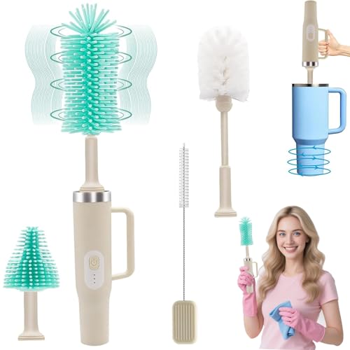 Image of 5 in 1 Electric Bottle Brush Cleaner Compatible Stanley Bottle Brush Straw Cleaner Multifunction Rechargeable IPX6 Waterproof Extra Long Design for Stanley Cup, Sports Bottle and More (Beige)