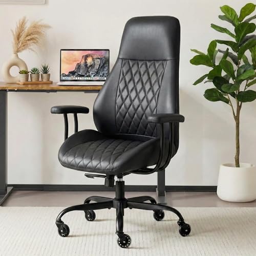Image of E-Motie Office Chair with Rubber Wheels, Ergonomic Computer Chair 500 lbs, Leather Desk Chair with Lumbar Support, Executive Chair Adjustable Height & Recline, Black