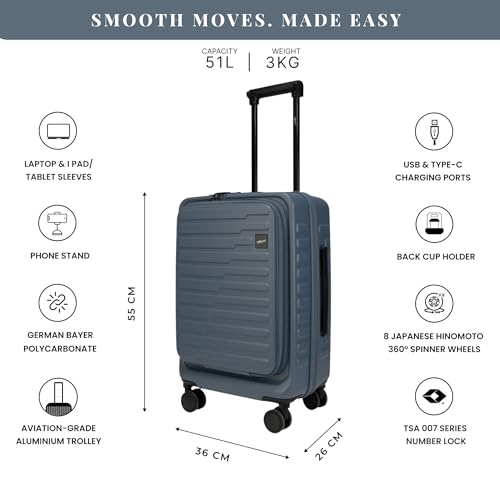 Image of F Gear Sedona Small Cabin Pro 54cm German Polycarbonate Hard Luggage|8 Japanese Hinomoto Silent Wheels| USB & Type-C Charging, Phone Stand & Cup Holder | Front Opening Suitcase for travel (Stone Blue)