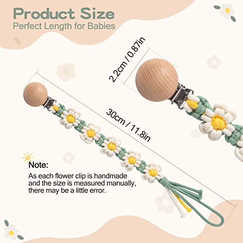 Image of Pacifier Clip for Boys Girls Floral Daisy Macrame Paci Clip Pacifier Holder Leash Boho Wooden Clips Handmade Braided Cotton Unisex Baby Shower Birthday Gift
