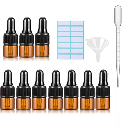 Frasco cuentagotas de vidrio ámbar con tapas negras, pipeta medida, embudo y etiquetas, botellas de vidrio cuentagotas de 1 ml para aceites esenciales, rellenables, 10 unidades