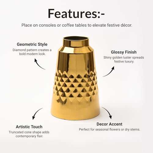 Image of Market99 Metal Flower Holder |Golden Vase with Diamond Pattern in Glossy Texture |Truncated Cone Shape Decorative Piece for Home, Office, Tabletop & Festive Gifting |Designed to Catch the Eye Always