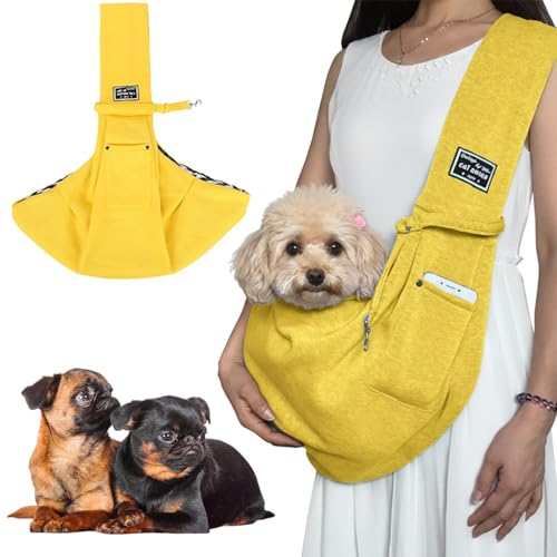 Lifetips プチブラバンソン ペットスリング 犬猫兼用 ショルダーキャリー 軽量 通気 洗える 調節可能 クッション付き 収納ポケット 斜め掛け アウトドア 11色展開 小型犬 中型犬 ペット用キャリーバッグ (イエロー)