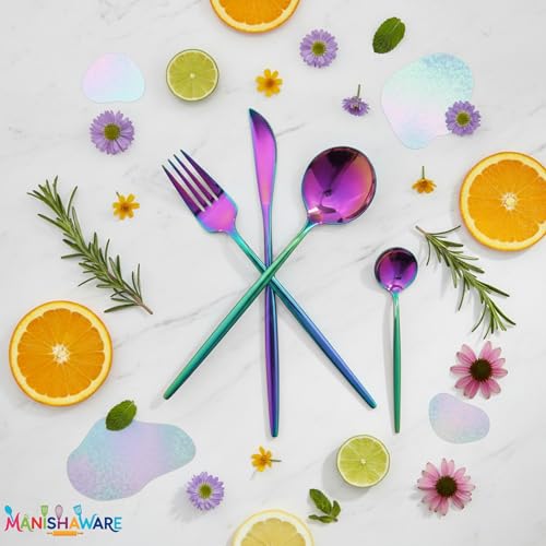 Image of Slim Handle Rainbow 24 Pcs Stainless Steel Cutlery Set for Dining Table, Dishwasher Safe Glossy Flatware (6 Spoon Set + 6 Forks Set + 6 Butter Knife + 6 Dessert Spoon)