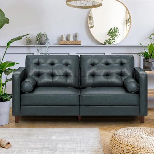 Image of 67 inch Premium Faux Leather 2-Seater Sofa with 2 Bolster Pillows and Tufted Backrest, Mid-Century Modern Loveseat Sofa, Luxury Couch for Living Room, Bedroom, Office, Blue