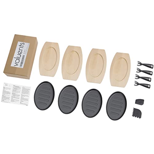 Foto von valuents Servierpfannen aus Gusseisen extra Groß mit 27cm – Grillpfännchen inkl FSC Holzuntersetzer 32cm – Servierpfännchen – Set aus 4 Gusspfännchen +Plus: 2 Schaber