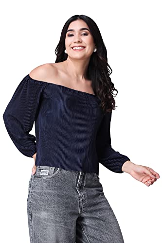 Image of POPWINGS Casual Wrinkle Off Shoulder Crop Top for Women - Designer Stylish Western Full Sleeves