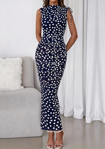 Image of PRETTYGARDEN Women's Summer Maxi Dresses Ruched Bodycon Split Long Dress | Mock Neck, Sleveless, Floral Mesh Dress, Cocktails Dress for Wedding Guest, Party, Summer Outfits 2026