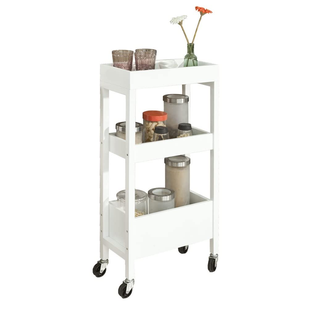Carrito de madera de 3 niveles blanco para cocina y organizador con ruedas