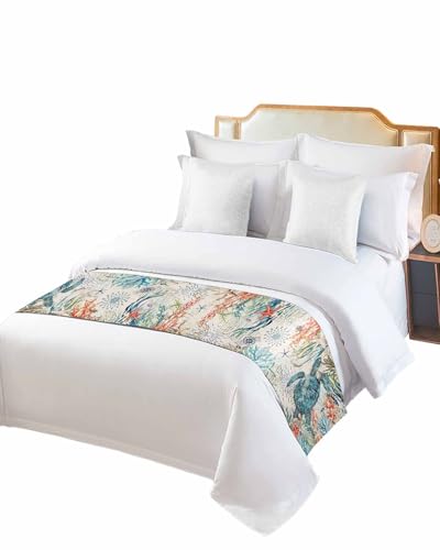 Twin Bed Runner Summer Turtle Watercolor Coral Bedding Runner Scarves Decorative Bed Scarf, Cartoon Starfish Retro Backdrop Soft Bedding Scarf for Bedroom Hotel Wedding 71x20in