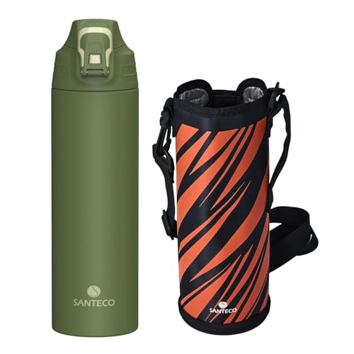 SANTECO Termo con cierre, botella de agua de acero inoxidable, 1 L, sin BPA, con bolsa de transporte, botella térmica directamente bebible, apta para lavavajillas, para viajes, camping, verde