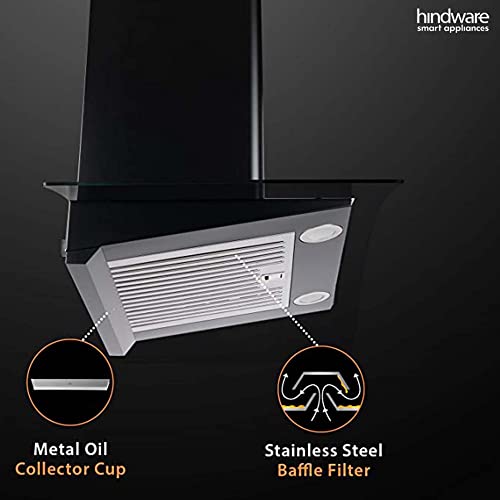 Image of Hindware Smart Appliances | Elena 90 cm Chimney | 1100 CMH | Curved Glass | Auto Clean | Push Button | 5 Yrs Warranty on Motor & 2 Yrs on Product | Wall Mounted (Baffle Filter, LED Lamps, Black)
