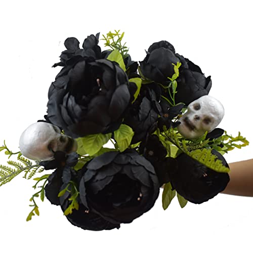 Ploach Black Artificial Peony Fake Silk Peonies Flowers Bouquet With Skull For Halloween Home Garden Decoration #TOP5