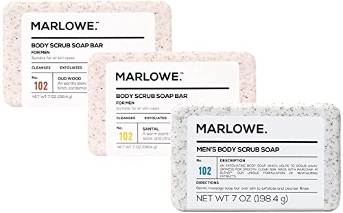 MARLOWE. No. 102 Men's Body Scrub Soap 7oz (Variety Pack) | Best Exfoliating Bar for Men | Made w/ Natural Ingredients | Green Tea Extract | Features 3 Amazing Scents