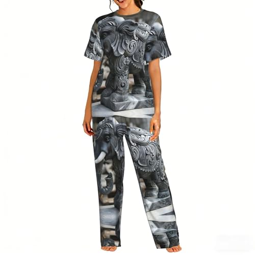 Pyjama doux pour femme ensemble de nuit imprimé éléphant confortable