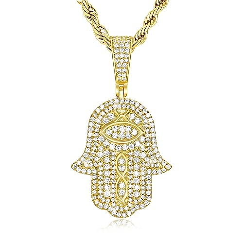 18K or White Real Gold Plated Evil Eye Hamsa Hand Pendant Necklace Iced Out Good Luck Protection Fatima Pendants Chain for Men Women(Custom Box and Pouch Packing)