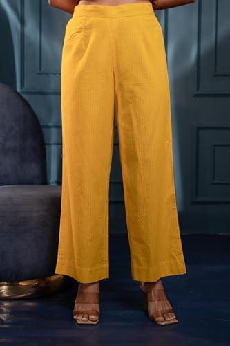 Image of Women's Mustard Striped Cotton Kurta & Pants Co-ord Set with Zari Work