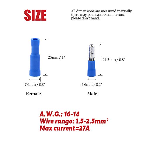 Terminales bullet macho hembra conectores de cable crimp rápidos de 16-14 AWG azul 2