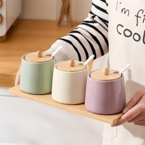 Image of 3-Piece Ceramic Spice Jar Set with Natural Bamboo Lids, Serving Spoons, and Base Organizer Tray, Pastel Multicolor Condiment Pots, 250ml Each for Masala, Sugar, Ghee, Salt, Countertop Storage