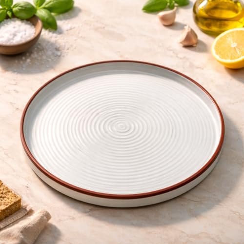 Image of TRESA Stoneware Ceramic Dinner Plate | White with Brown Rim |10.5 Inch, Matte Finish, Cafe Style Textured Round Plate for Everyday Use
