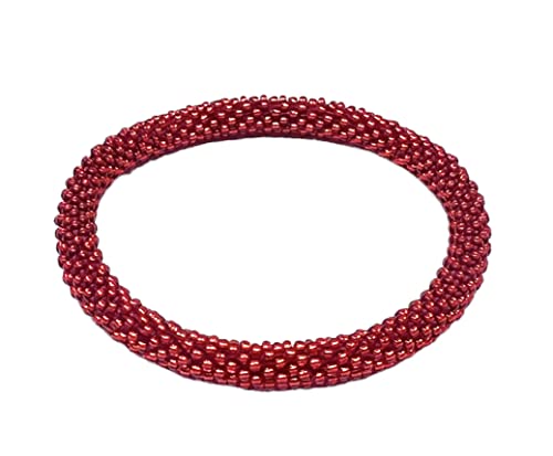 Wigspedia Crochet Glass Seed Bead Nepal Boho Bracelet - Single Piece Solid (Red)