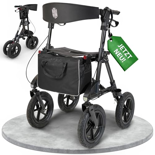 Rollator mit Luftbereifung (30 cm) bequemem Sitz und Lehne - robust leicht und faltbar. Der ideale Geländerollator für draußen in Titanschwarz