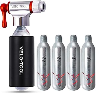 Velo-Tool CO2 Inflator Bike Pump  Premium, Quick & Lightweight + 5 x 16g CO2 Canisters / Cartridges With Insulation Foam Grip - Presta & Schrader Valve Compatible  Mountain, Road and BMX Bikes