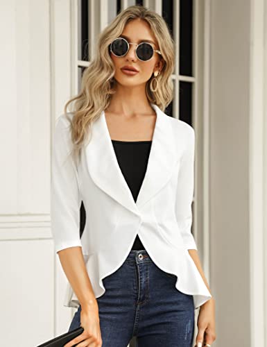 KOJOOIN Womens Casual Blazer 3/4 Sleeve Open Front Ruffle Work Office Cardigan Suit Jacket White S4