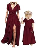 Mommy and Me Dresses Formal Party Wedding Guest Dress Chiffon Short Sleeve Long Prom Homecoming Easter Church Dress Burgundy 2