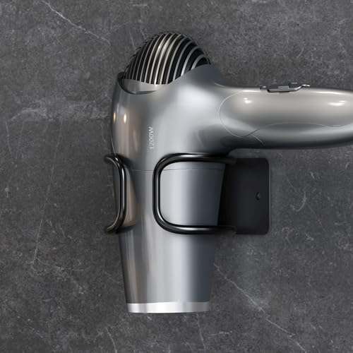 Kegii Hairdryer Holder Wall Mounted, Adhesive&Drilling Hair Dryer Holders for Dressing Table, Hairdryer Stand Storage for Bathroom, Bedroom, Barbershop, Hair Salon, Black
