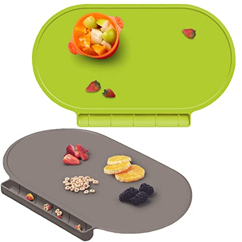 Image of HIKIDS, Silicone Baby Placemat, Toddler Food Catching Placemats for Kids Baby Toddler,2Pack,Green&Gray