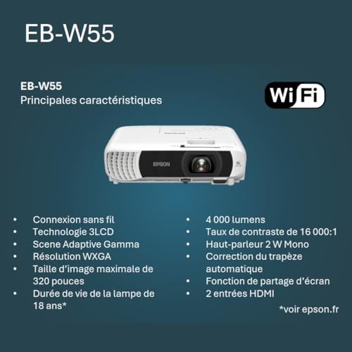 Projecteur à lampe WXGA EB-W55 avec Wi-Fi intégré, 2 ports HDMI, grande taille d’image jusqu’à 320 pouces (8,13 m) et 4 000 lumens de luminosité