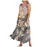 Generisch Shirtkleid Damen,Ärmellos Baumwoll Leinen Tankkleid Damen Vintage Blumen Sommerkleid Strandkleid Lose Maxikleid Große Größen Langes Kleid Partykleid Freizeitkleid（Grau,XXL）