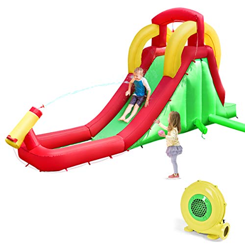 Costzon Inflatable Water Slide, 4 in 1 Giant Water Slide Bouncer Park, Inflatable Pool with Slide, Blower, Climbing Wall, Water Cannon, Water Slides for Kids Backyard (with 480W Air Blower)