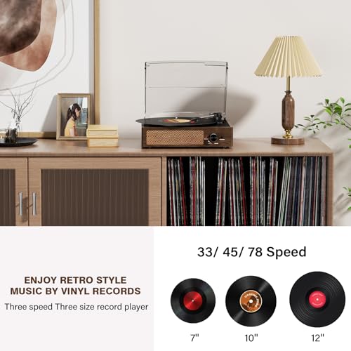 Image of Bluetooth Vinyl Record Player,3-Speed Turntable with Stereo Speakers Vintage Phonograph Record Player, with RCA Line Out AUX in Headphone Jack Coffee Wood