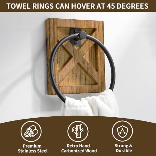 Image of SUNTECH Farmhouse Towel Ring, Wall Mount Hand Towel Holder with Wooden Base | 180 Swivel Design, Matte Black Metal, Rust & Moisture Resistant, Screw Mounting, for Bathroom, Kitchen, Laundry Room, RVs