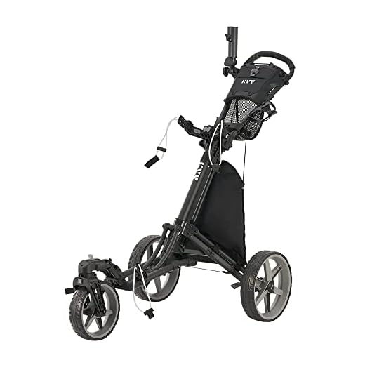 KVV 3 Wheel 360 Rotating Front Wheel Foldable/Collapsible Golf Push Cart with Foot Brake Open and Close in ONE Second-Free Umbrella Holder Included(Black/Charcoal)