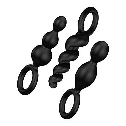Satisfyer Booty Call Anal Plugs 3 Piece Set - Butt Plug, Anal Dildo, 3 Different Structures, Soft Silicone, Increasing Diameter, Retaining Ring - Ideal for Beginners and Anal Training (Black)