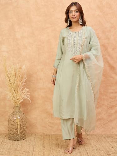 Image of Varanga Women -Thread & Sequin Embroidered Yoke Kurta With Trouser & Scallop Dupatta