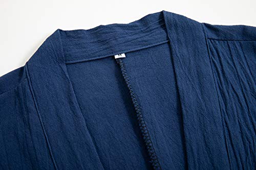 Image of Mens Japanese Kimono Cardigan Cotton Linen Haori Fashion 3 /4 Sleeve Yukata | Shawl Collar Kimono Jacket Robe Embroidery Patchwork Happi Coat Tie Pockets Lightweight Outerwear Daily Casual All Seasons