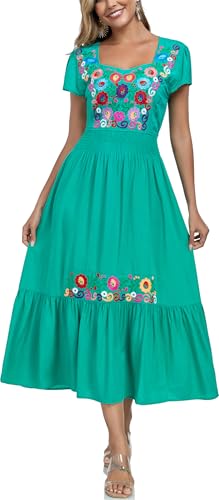 Image of Women's Summer Maxi Dress Casual Floral Embroidered Round Neck Short Sleeve Ruffle Tiered Dress Flowy Boho Beach Sundress