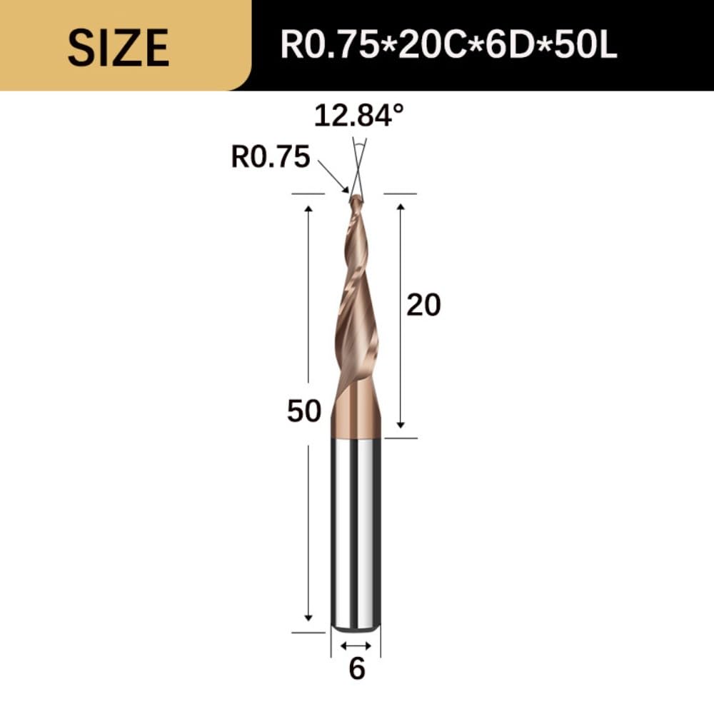 Frez trzpieniowy stożkowy kulisty - 3,175/4/6 mm 2-ostrzowe frezy CNC z węglika wolframu do precyzyjnej obróbki metalu i drewna - 1 szt.(R0.75x20Cx6Dx50L)