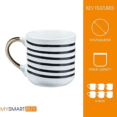 6pc Spotty & Stripy Black White & Gold Mug Set  12oz / 355ml Ceramic Stoneware Tea, Coffee & Hot Chocolate Mugs  Patterned Drinking Cups for Home or Office