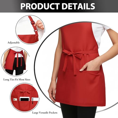 Image of BOHARERS Kitchen Cooking Apron Unisex Adjustable chef apron with 3 pockets, 1 Pack Red