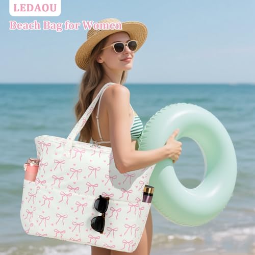 Image of LEDAOU Large Beach Bag Women Waterproof Sandproof Zipper Beach Tote Pool Bag for Swim Gym Grocery Travel with Wet Pocket