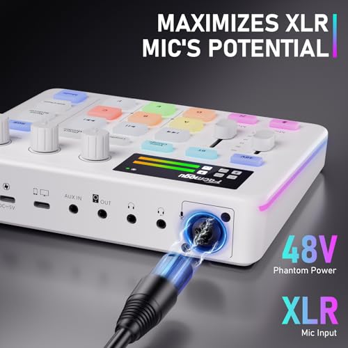Image of Facmogu G9 Audio Mixer, Streaming RGB PC Mixer with XLR Microphone Interface, Volume Fader, Mute Button, 48V Phantom Power, Sound Board Podcast Equipment for Live Streaming, Podcast Recording - White