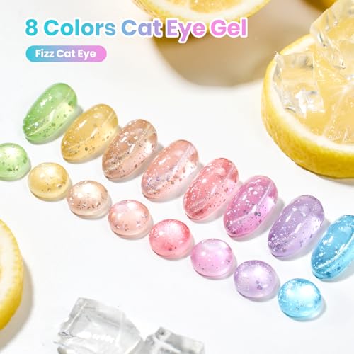 Image of Beetles Bubbly Mixology Cat Eye Gel Nail Polish Set - 8 Colors Pastel Spring Shimmer Glitter Gel Polish Kit Pink Blue Orange Green Yellow Purple Velvet Gel Soak Off UV DIY Manicure Gift for Women